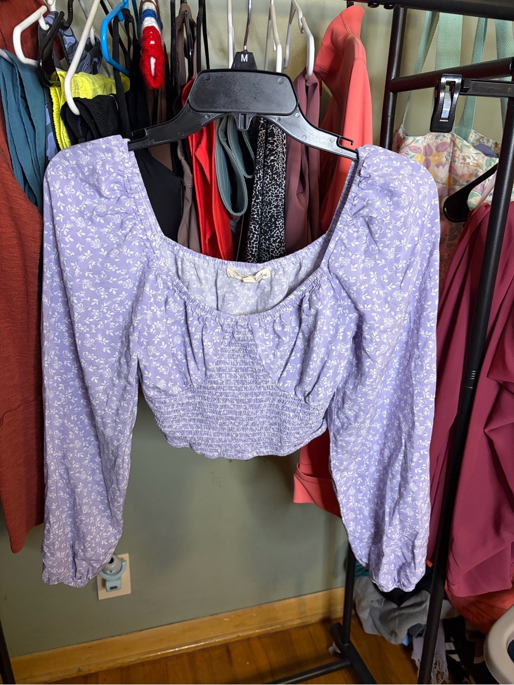 Rewind Lavender Floral Smocked Crop Top with Puff Sleeves